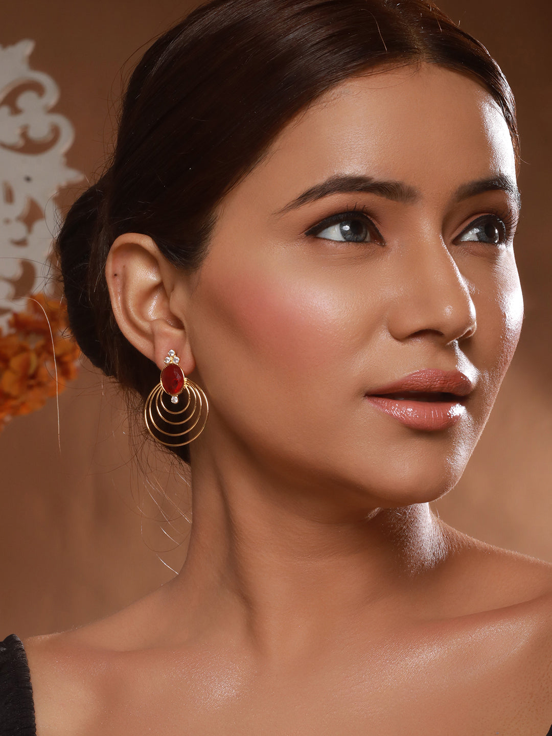 24K Gold Plated Red Ruby Circular Minimal Chunky  Chandbali Luxe Studds Earrings